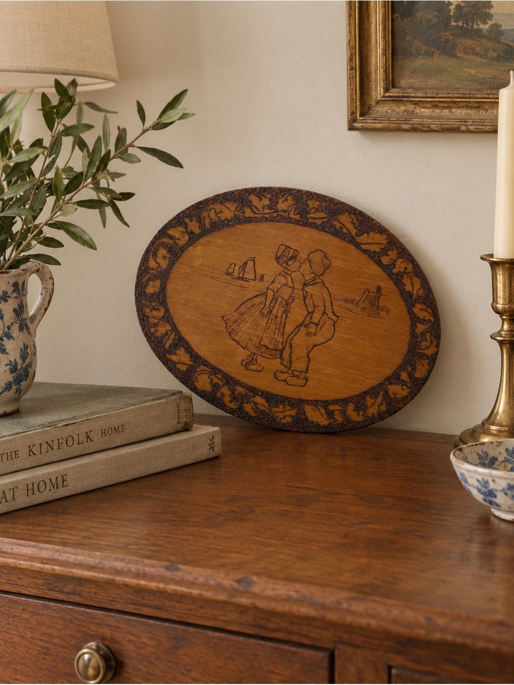 Vintage Dutch Kissing Couple Wood Burned Oval Plaque